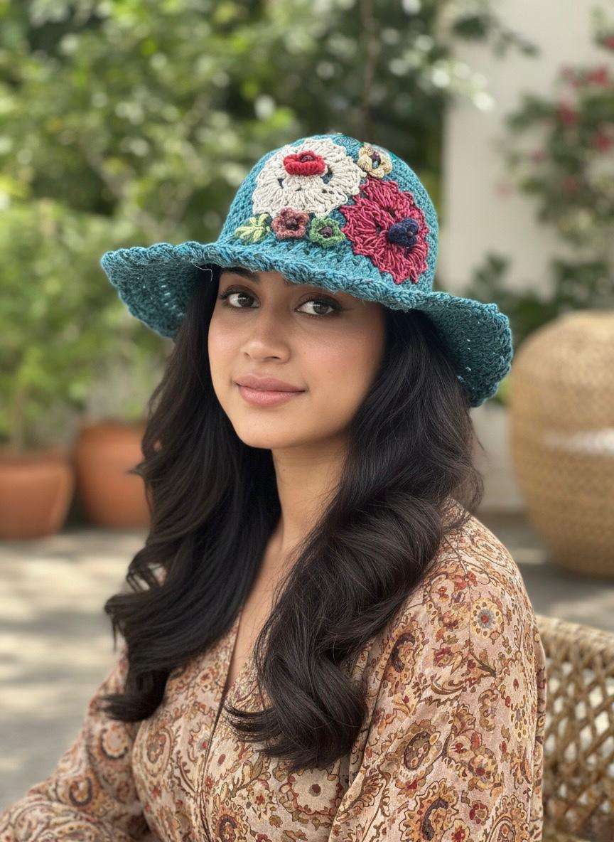 a woman wearing floral embroidery blue hat