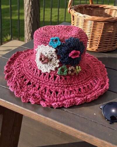 floral embroidery pink hat on table
