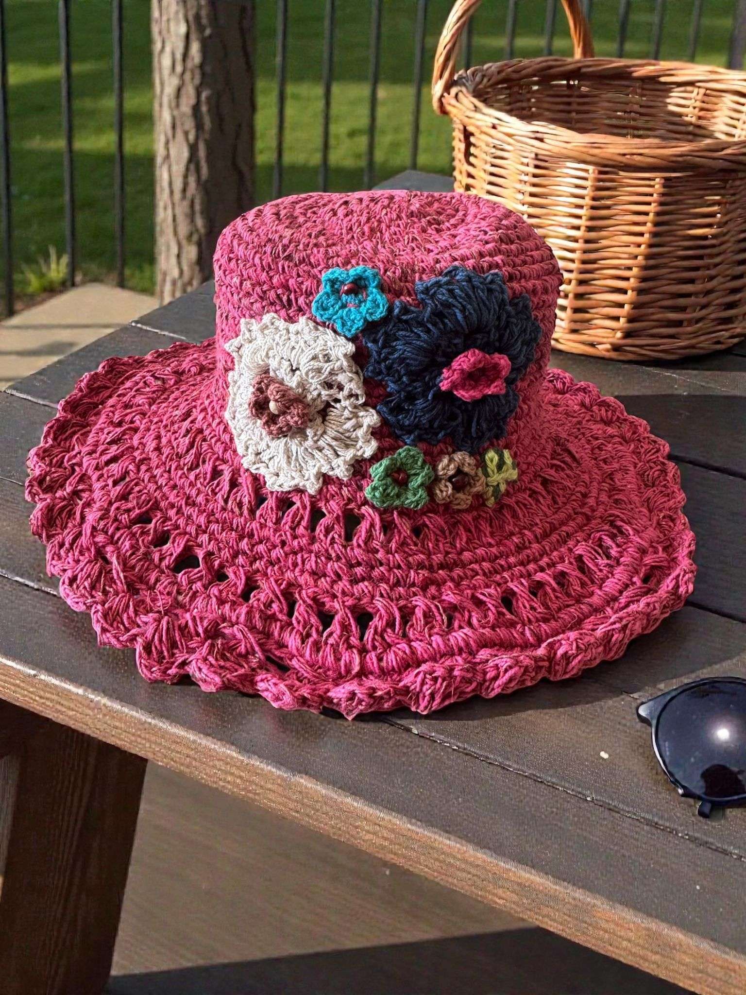 floral embroidery pink hat on table