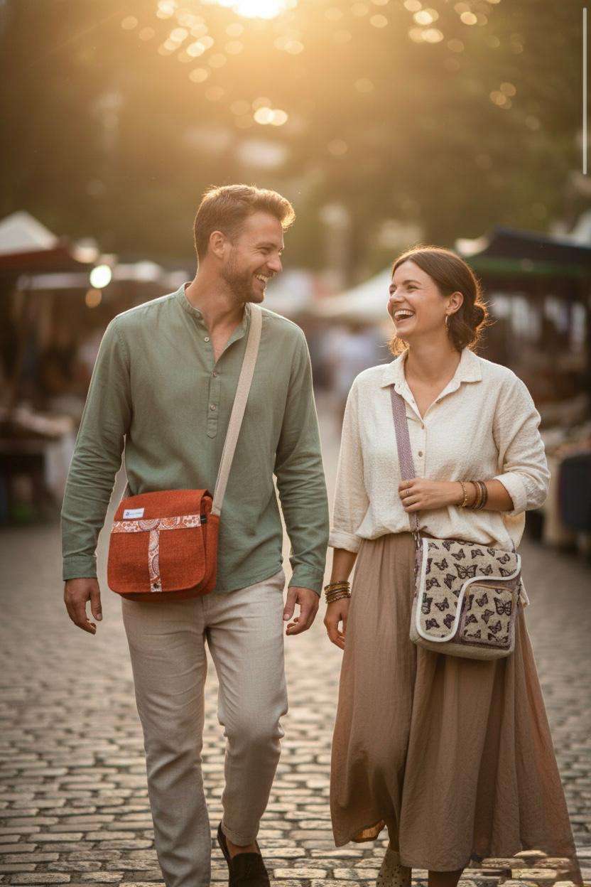 a couple wearing hemp side bag in outdoor setting