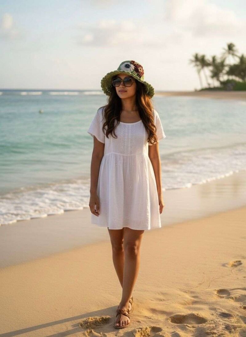 model wearing a crochet Hemp hat
