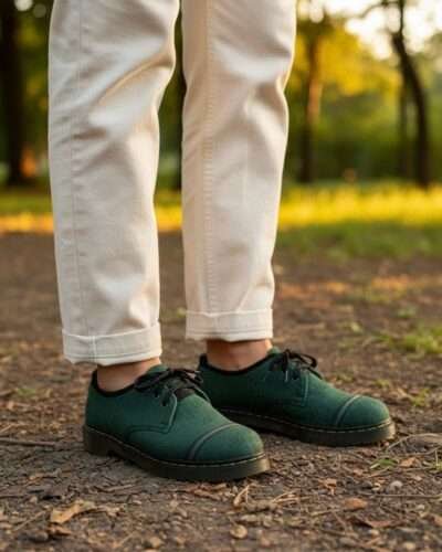 Handmade hemp shoes with laces, eco-friendly vegan footwear from Nepal, natural dye, only legs visible in frame.