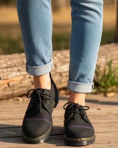 Handmade hemp shoes with laces, eco-friendly vegan footwear from Nepal, natural dye, only legs visible in frame.