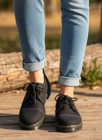 Handmade hemp shoes with laces, eco-friendly vegan footwear from Nepal, natural dye, only legs visible in frame.