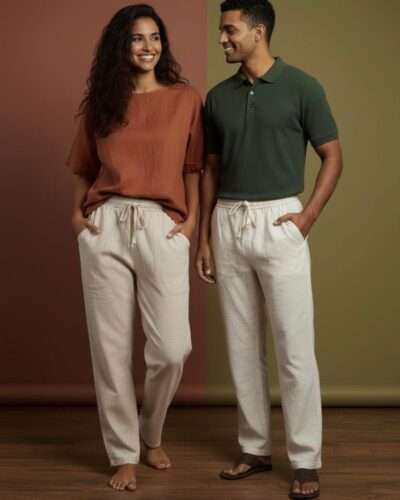 a man and woman wearing hemp trousers and posing in a studio