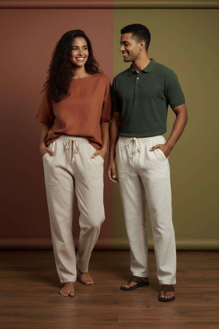 a man and woman wearing hemp trousers and posing in a studio