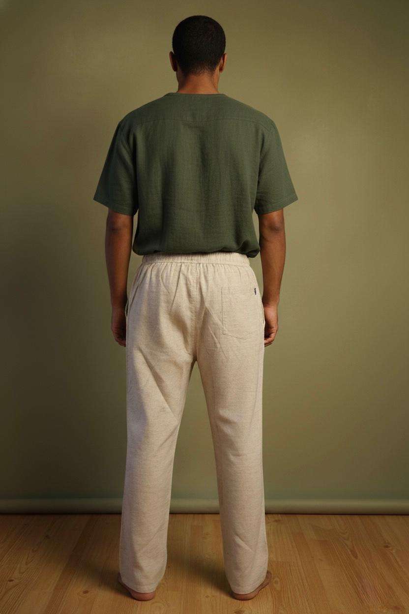 man wearing hemp pants back view