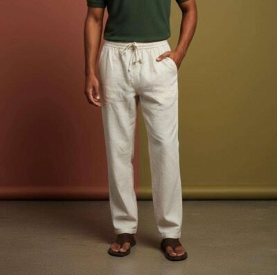 a man wearing hemp trousers in a studio