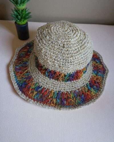 colorful crochet hat on table