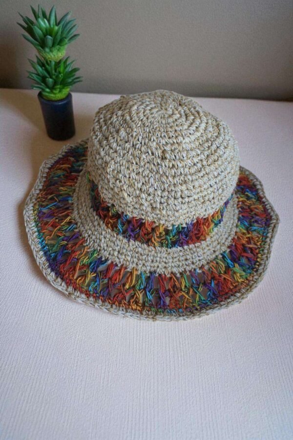 colorful crochet hat on table
