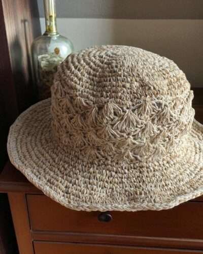 Kathmandu Knot Crochet Hat – handmade hemp hat on display focusing on the texture