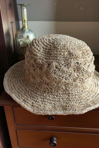 Kathmandu Knot Crochet Hat – handmade hemp hat on display focusing on the texture