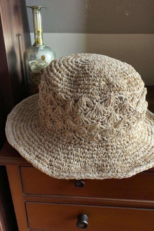 Kathmandu Knot Crochet Hat – handmade hemp hat on display focusing on the texture