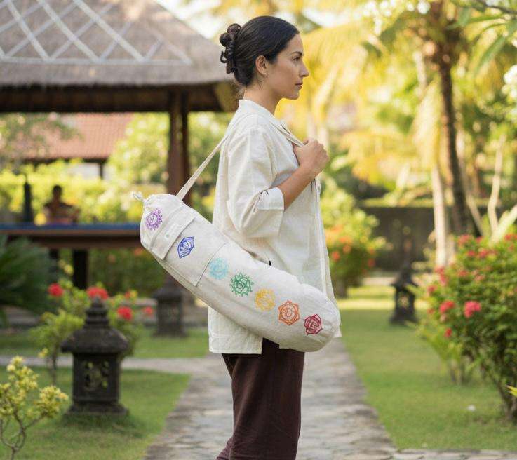 a woman carrying hemp yoga mat bag from side