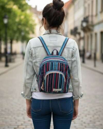 a young woman carrying hemp backpack and standing in outdoor setting