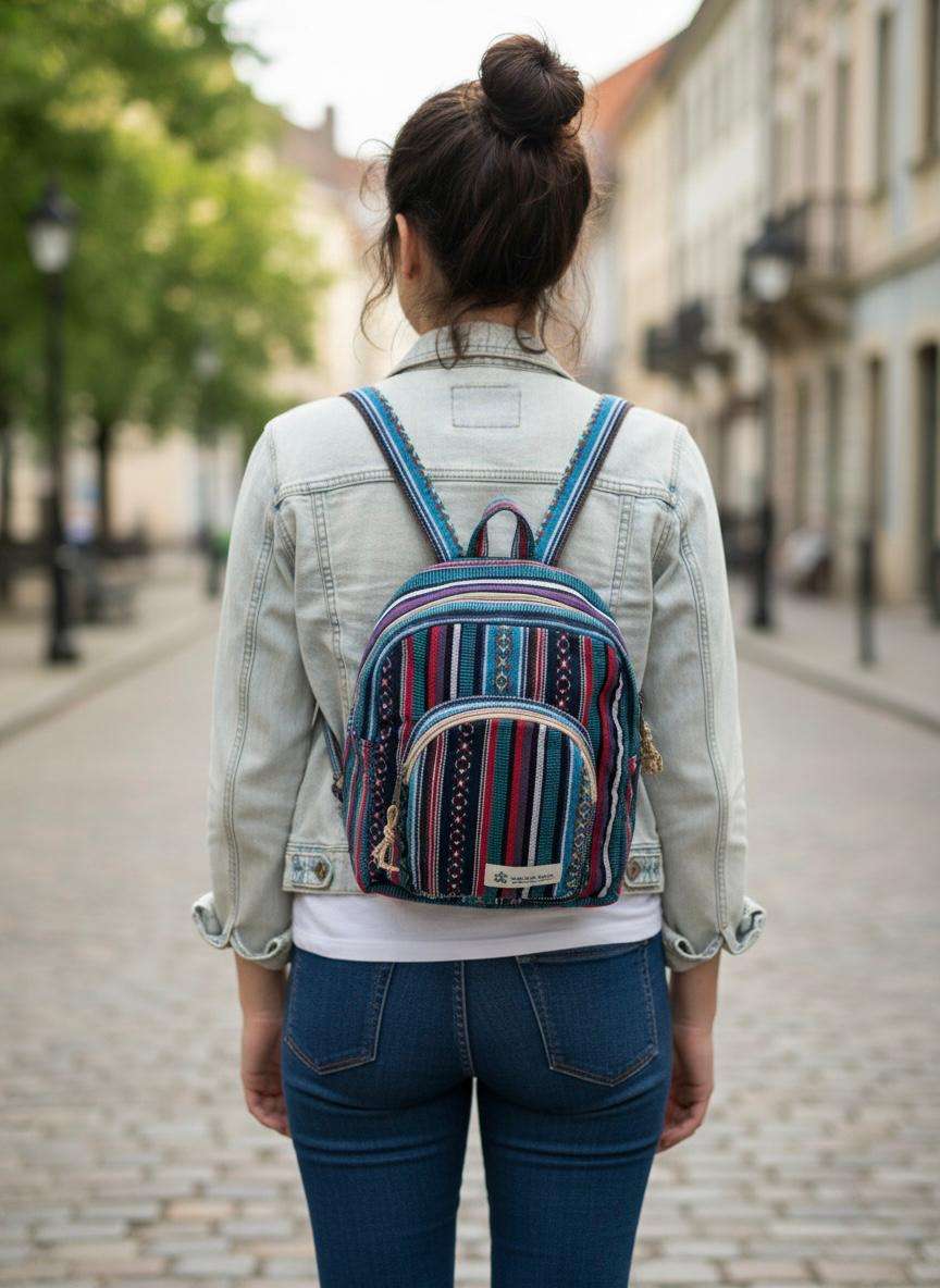 a young woman carrying hemp backpack and standing in outdoor setting