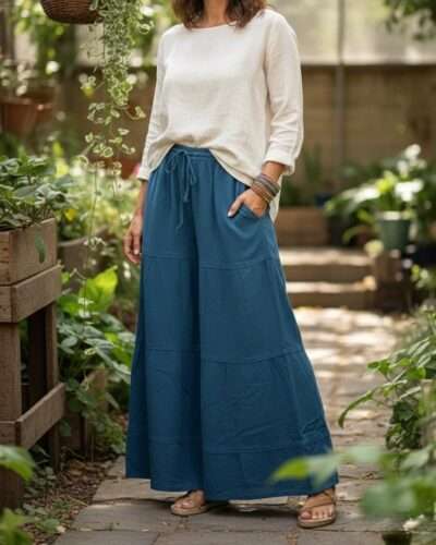 a model wearing teal cotton wide leg trousers in outdoor setting