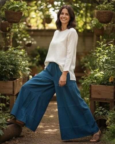 EverEase Cotton Wide-Leg Trousers teal model 2