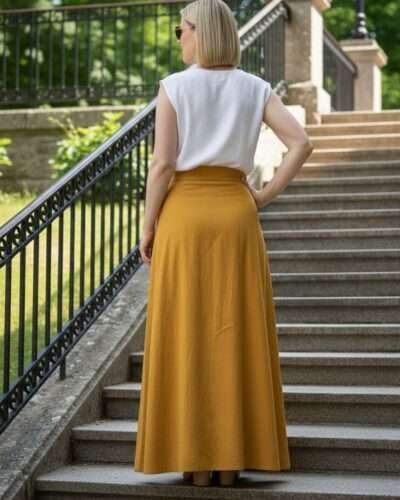 a model wearing mustard cotton wrap skirt in outdoor setting posing from back