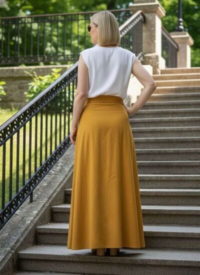 a model wearing mustard cotton wrap skirt in outdoor setting posing from back