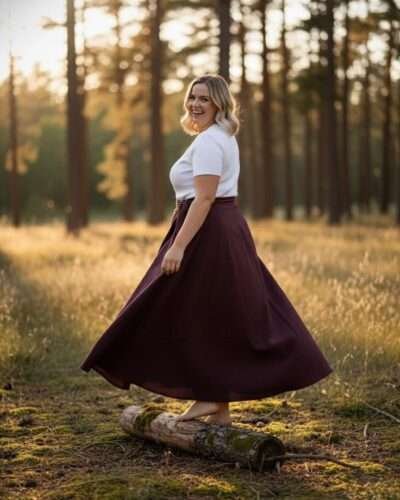 a women wearing a burgundy cotton wrap skirt