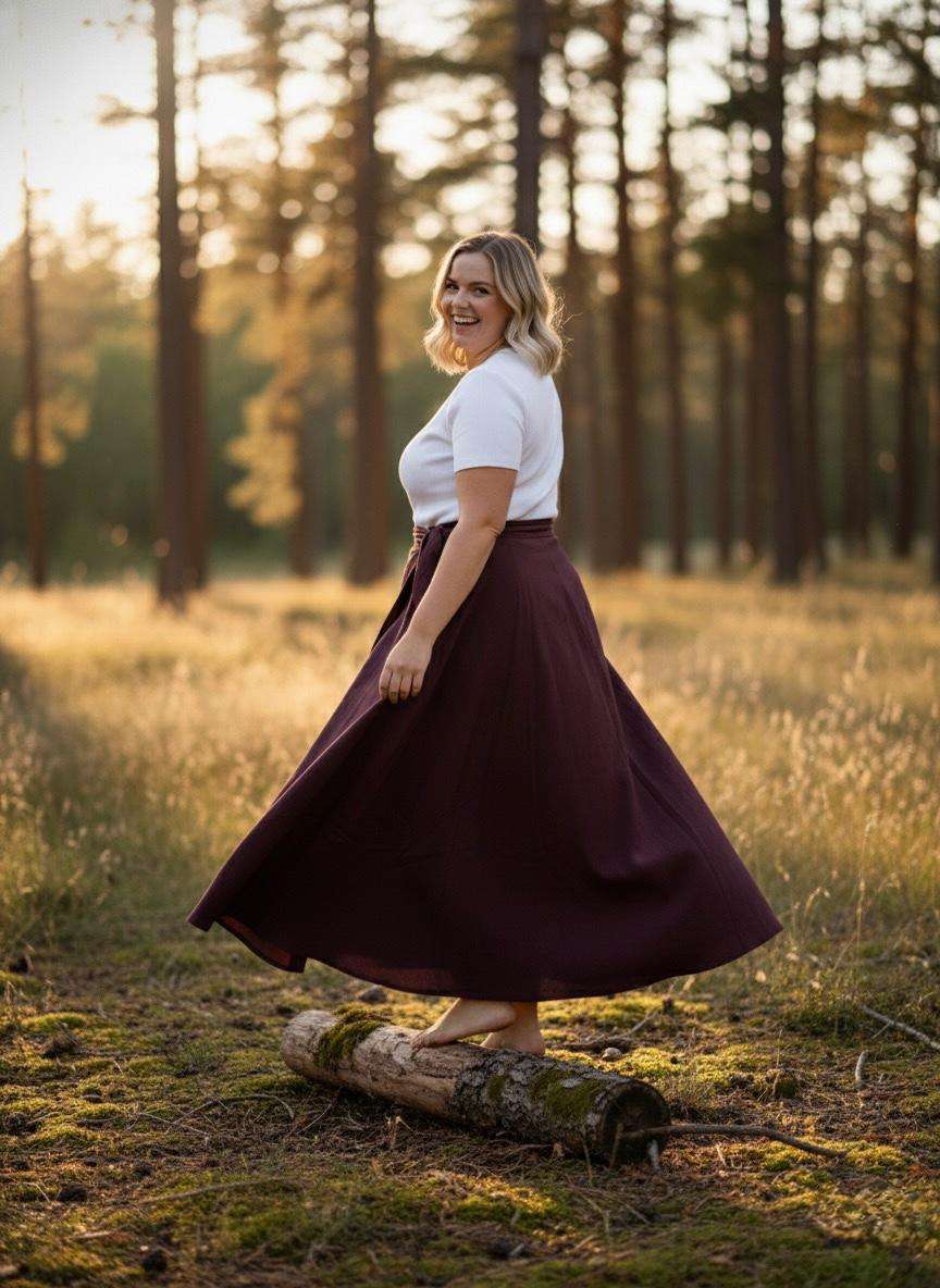 a women wearing a burgundy cotton wrap skirt