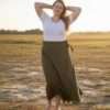 women wearing a green cotton wrap skirt