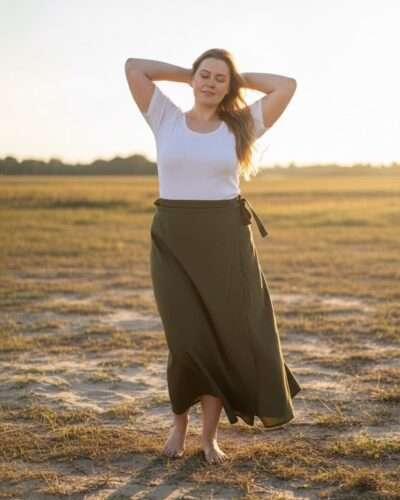 women wearing a green cotton wrap skirt