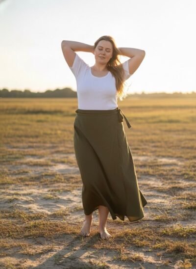 women wearing a green cotton wrap skirt