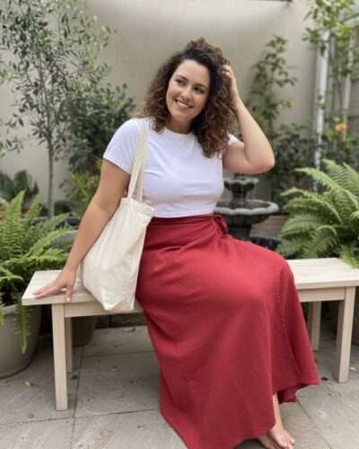 Handmade Red Cotton Wrap Skirt - Long - Adjustable Waist - Image 2