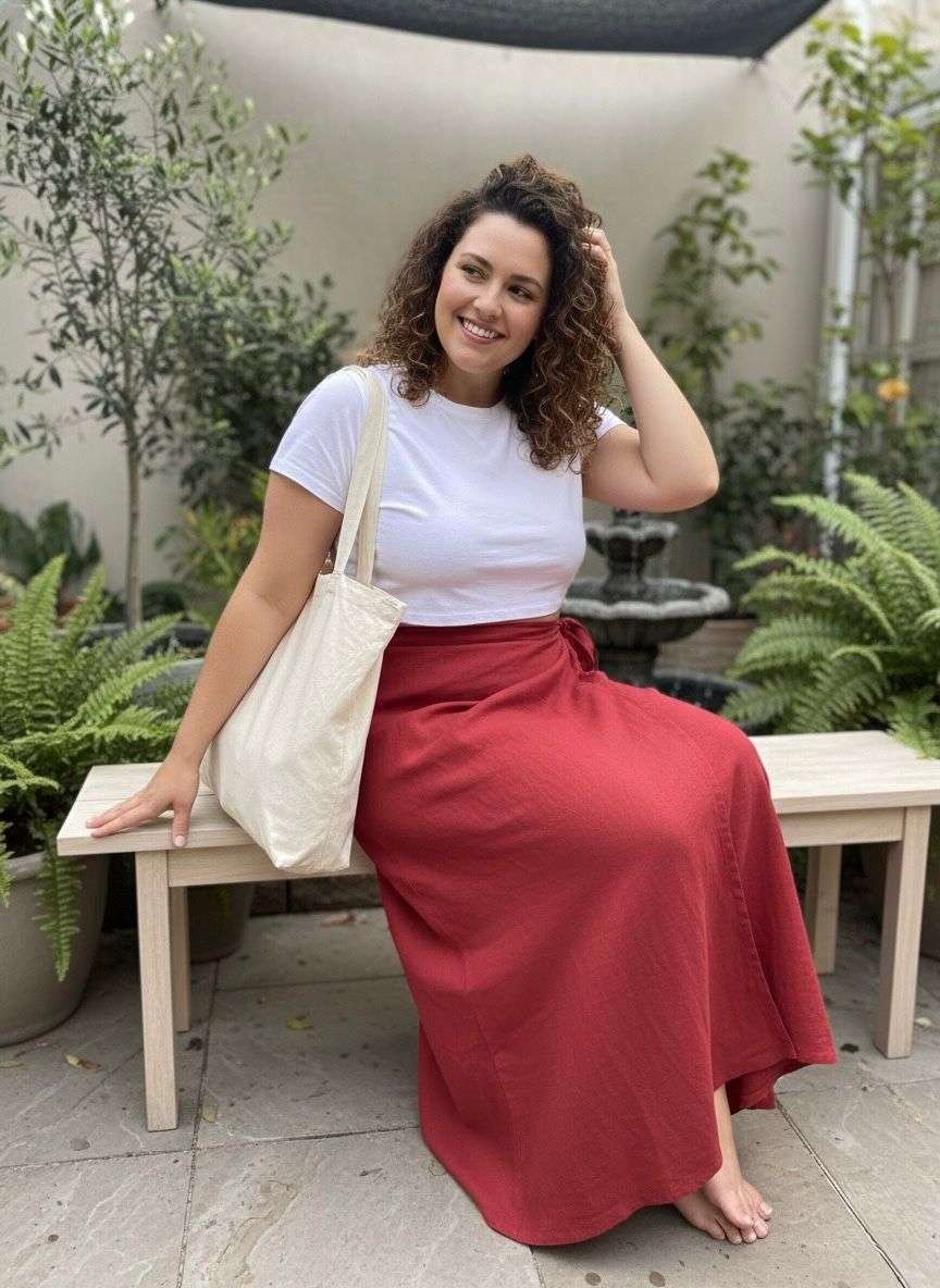 Handmade Red Cotton Wrap Skirt - Long - Adjustable Waist - Image 2