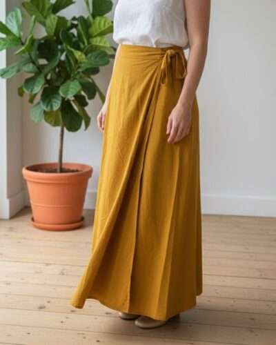 women wearing mustard yellow cotton wrap skirt