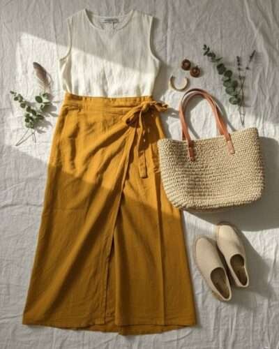 flatlay outfit of cotton wrap skirt on floor