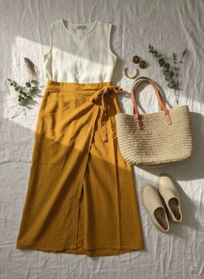 flatlay outfit of cotton wrap skirt on floor