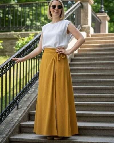 a model wearing mustard cotton wrap skirt in outdoor setting