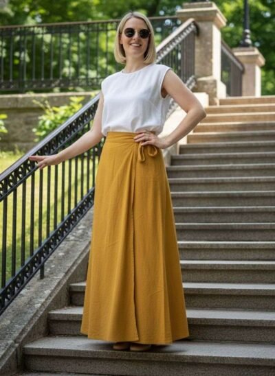 a model wearing mustard cotton wrap skirt in outdoor setting