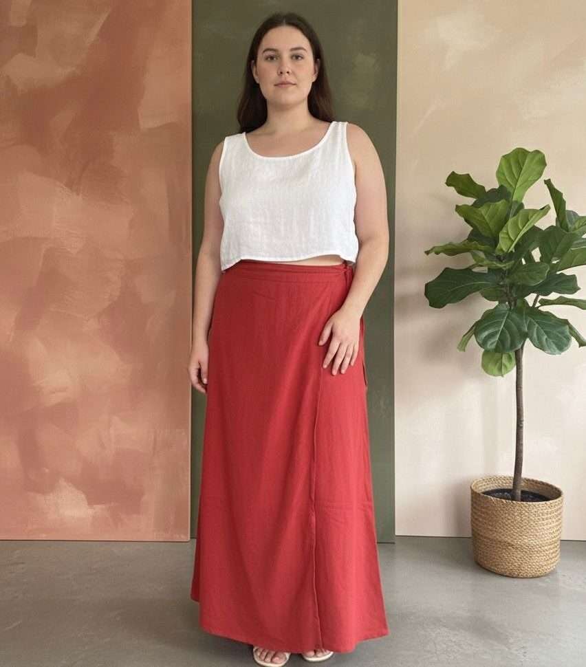 women wearing red cotton wrap skirt