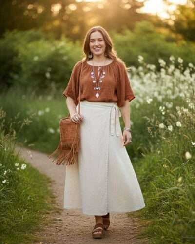 beige cotton wrap skirt for women