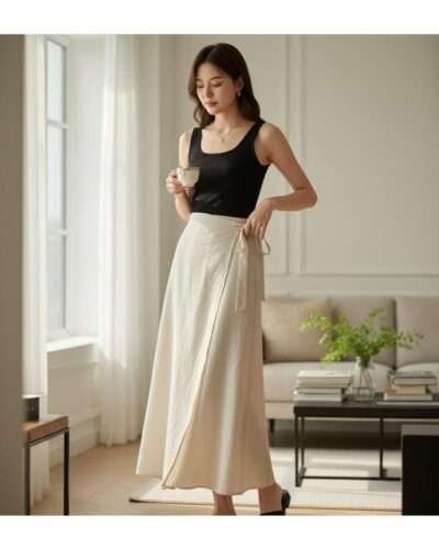 Beige Cotton Wrap Skirt - Adjustable Waist - Made in Nepal - Image 5