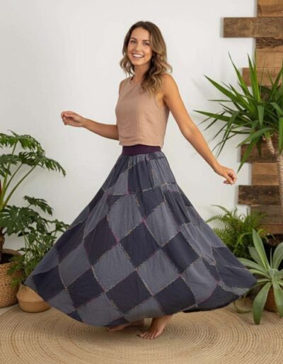 a model wearing earthy elegance skirt charcoalfrom spreadmaya