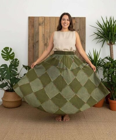 a model wearing earthy elegance skirt green from spreadmaya