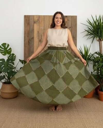a model wearing earthy elegance skirt green from spreadmaya