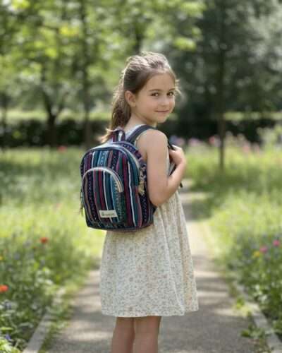 a young girl carrying hemp colorful mini backpack inoutdoor setting