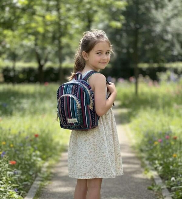 a young girl carrying hemp colorful mini backpack inoutdoor setting