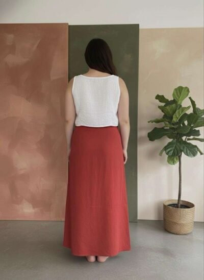 Handmade Red Cotton Wrap Skirt - Long - Adjustable Waist - Image 3