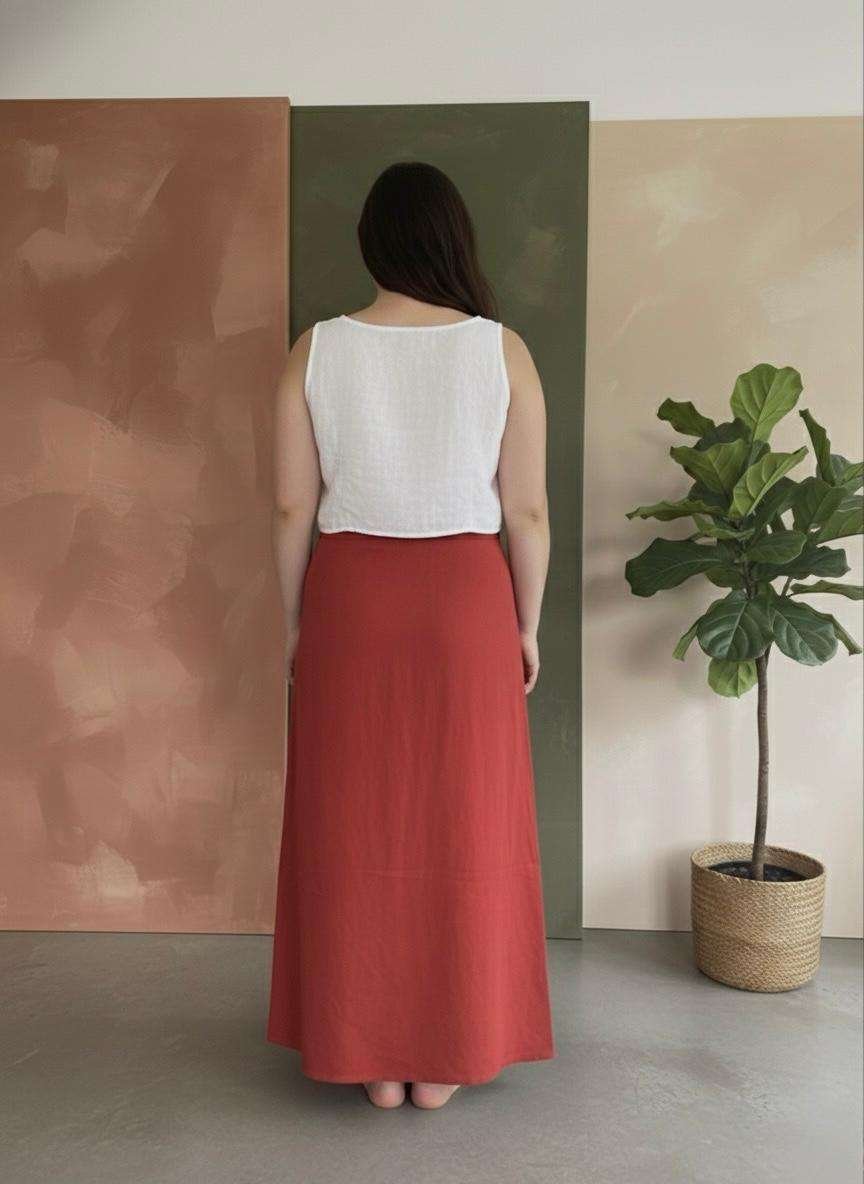 Handmade Red Cotton Wrap Skirt - Long - Adjustable Waist - Image 3
