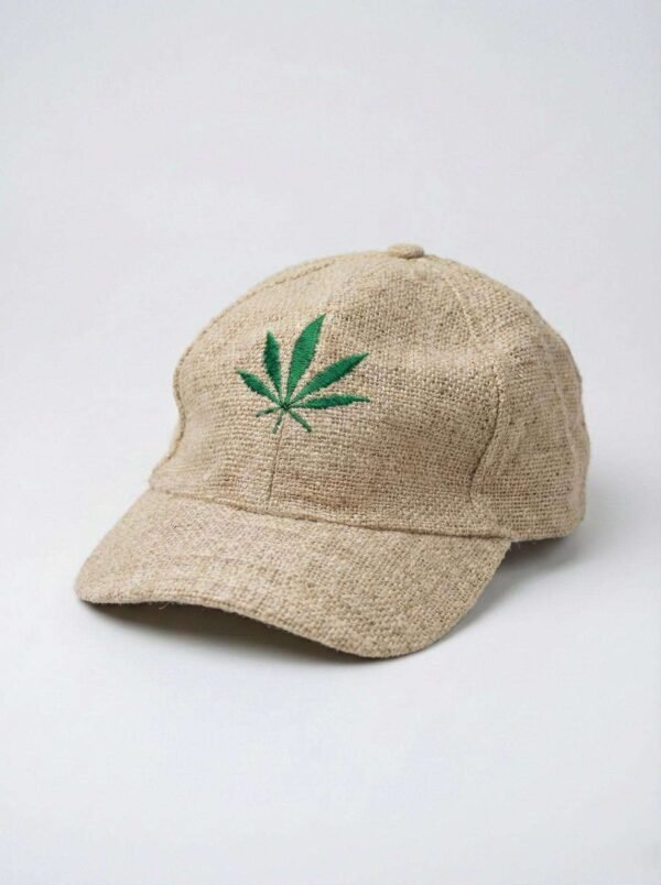 Beige hemp cap with leaf embroidery on plain background, SpreadMaya
