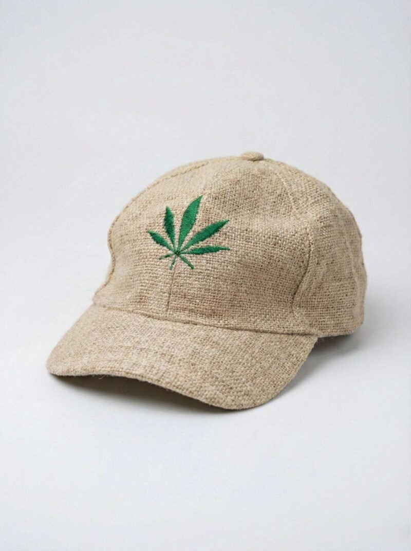Beige hemp cap with leaf embroidery on plain background, SpreadMaya