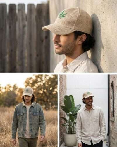 Collage of man wearing beige hemp cap with leaf embroidery by SpreadMaya