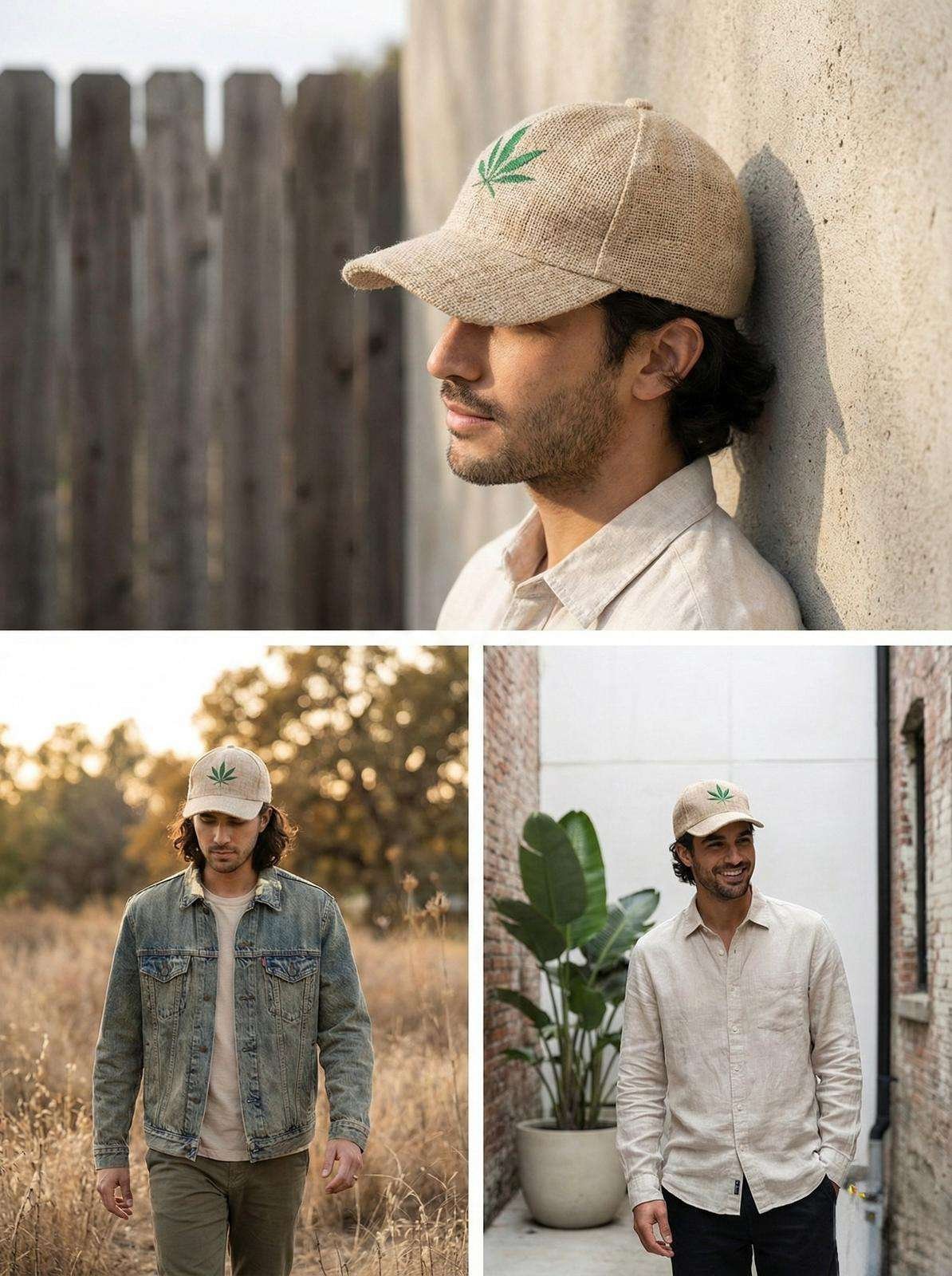 Collage of man wearing beige hemp cap with leaf embroidery by SpreadMaya